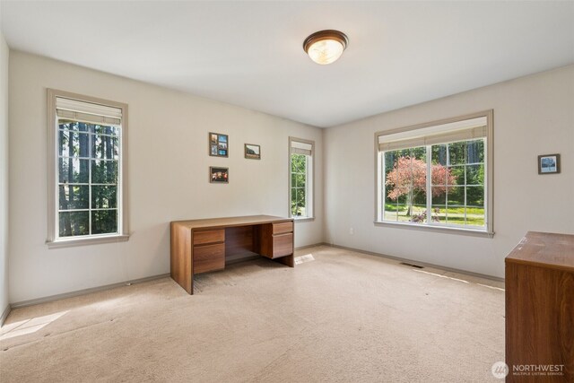 unfurnished office featuring carpet floors, baseboards, and visible vents