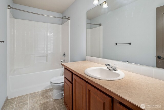 bathroom with shower / bathtub combination, toilet, and vanity