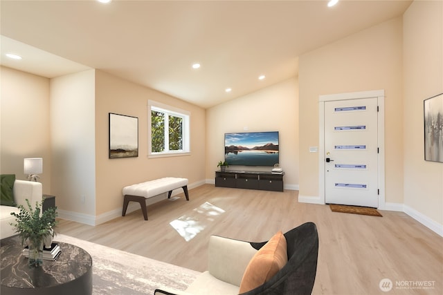 living area featuring wood finished floors, lofted ceiling, recessed lighting, and baseboards