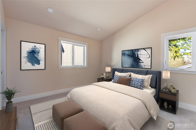 bedroom featuring carpet, lofted ceiling, baseboards, and recessed lighting