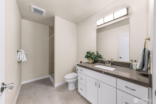 bathroom with visible vents, tile patterned flooring, vanity, baseboards, and toilet
