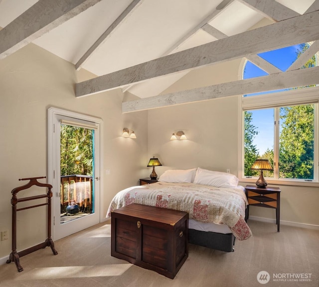 bedroom featuring access to outside, lofted ceiling with beams, and carpet