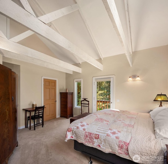 carpeted bedroom featuring access to outside, baseboards, high vaulted ceiling, and beamed ceiling