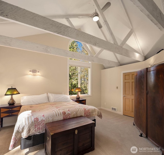 bedroom with visible vents, beamed ceiling, baseboards, high vaulted ceiling, and light colored carpet