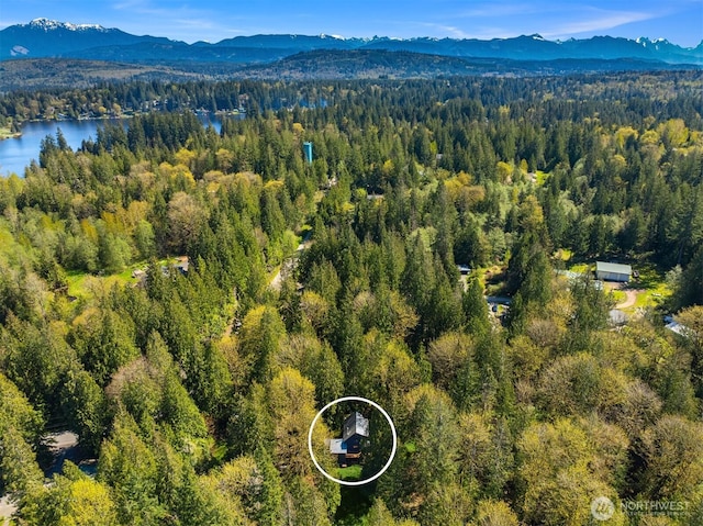 aerial view featuring a water and mountain view and a forest view