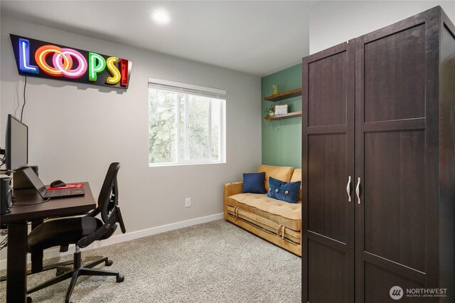 carpeted office space with baseboards and recessed lighting
