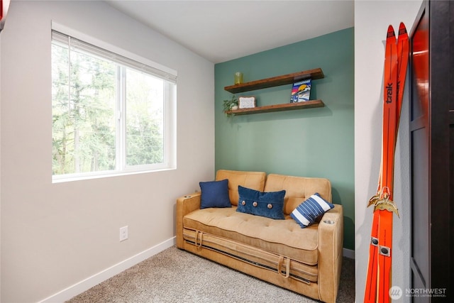 sitting room with carpet flooring and baseboards