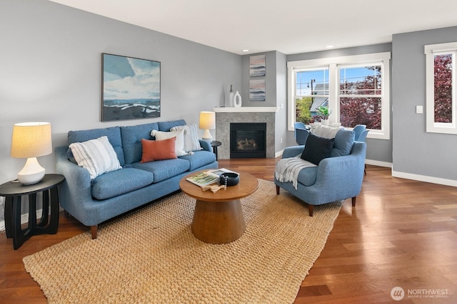 living room featuring baseboards, wood finished floors, and a fireplace