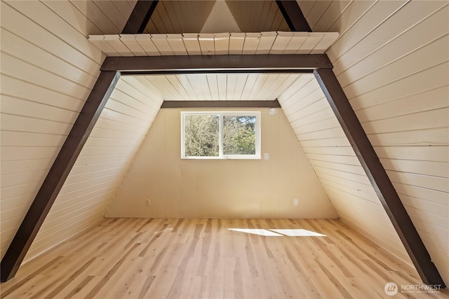 435 Lotloh St SE, Ocean Shores, WA 98569 - additional living space featuring wooden ceiling, wood finished floors, vaulted ceiling with beams, and wooden walls