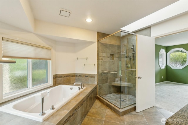 13233 W 44th Ave W, Mukilteo, WA 98275 - bathroom with a shower stall, a garden tub, tile patterned flooring, and recessed lighting