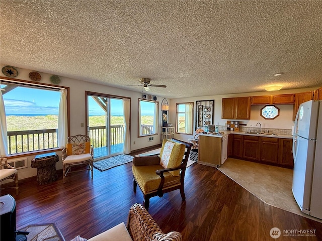 1311 Ocean Shores Blvd SW Unit 3, Ocean Shores, WA 98569 - living area with dark wood-style flooring, plenty of natural light, a textured ceiling, and a ceiling fan