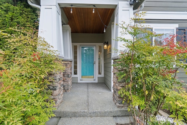entrance to property with stone siding