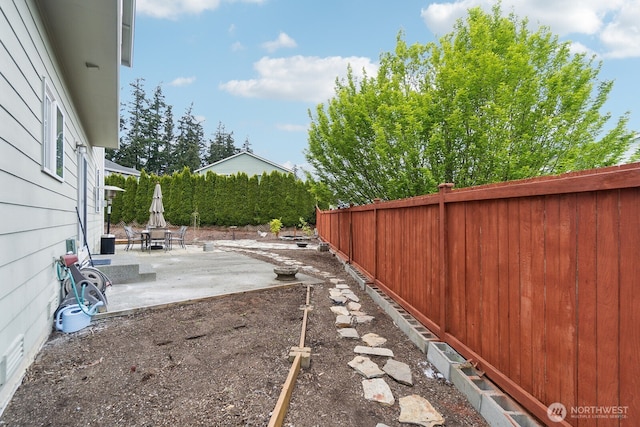 view of yard featuring a fenced backyard and a patio
