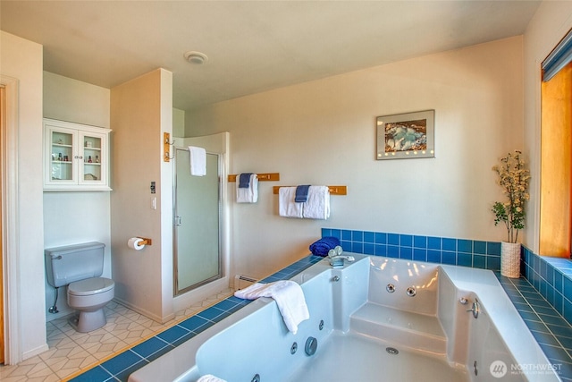 519 Highlands Dr, Orcas Island, WA 98245 - full bath featuring toilet, a stall shower, a tub with jets, and tile patterned floors