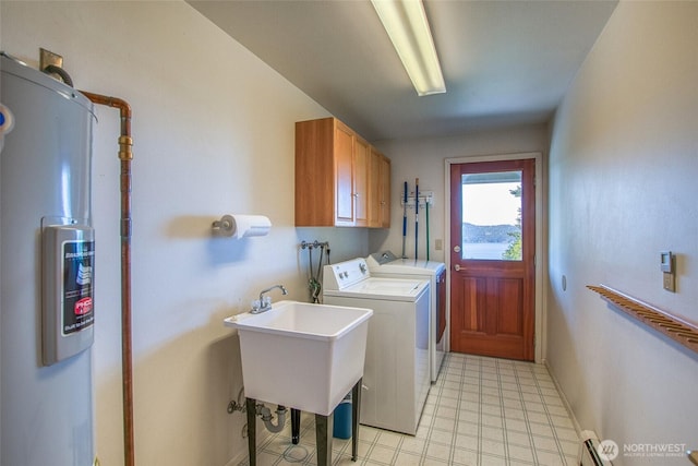 519 Highlands Dr, Orcas Island, WA 98245 - laundry area featuring cabinet space, electric water heater, washing machine and dryer, and baseboards