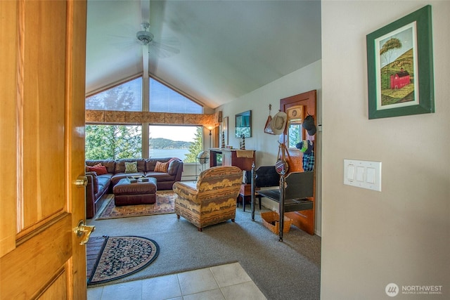 519 Highlands Dr, Orcas Island, WA 98245 - carpeted living area featuring ceiling fan, tile patterned floors, and vaulted ceiling