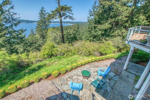 519 Highlands Dr, Orcas Island, WA 98245 - view of patio featuring a water view, a view of trees, and a fire pit