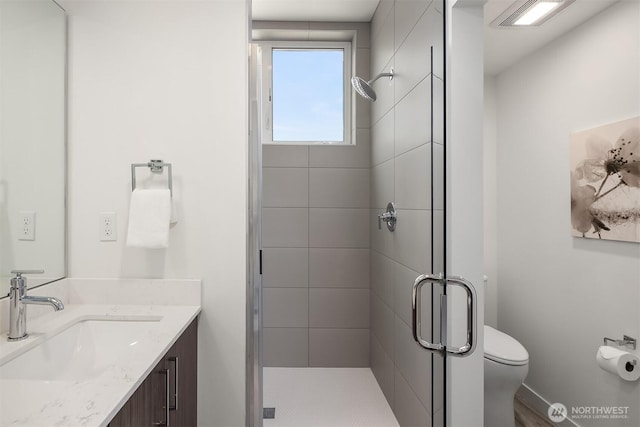 bathroom with toilet, vanity, and a stall shower