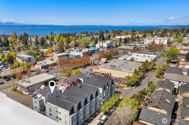 bird's eye view with a water view