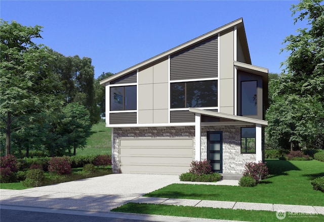 modern home featuring an attached garage, driveway, a front lawn, and stone siding