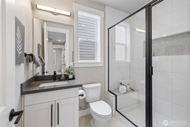 bathroom featuring vanity, toilet, and a shower stall