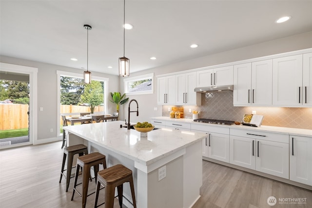 kitchen featuring a sink, tasteful backsplash, a center island with sink, and light wood-type flooring