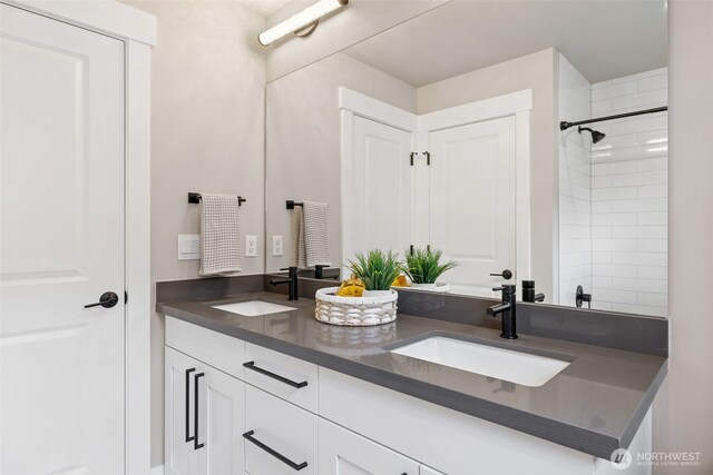 bathroom featuring double vanity, a sink, and walk in shower