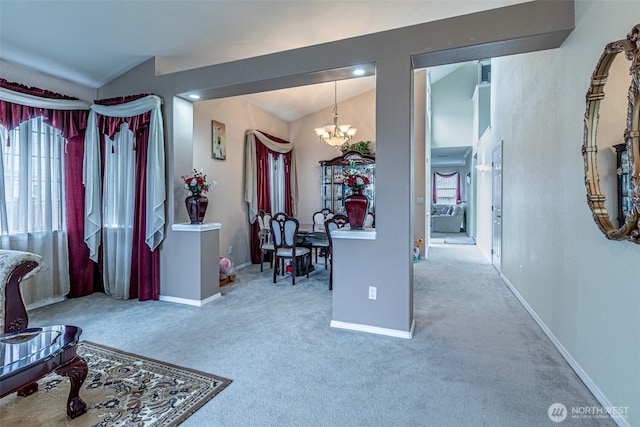 14231 SE 282nd St, Kent, WA 98042 - interior space with vaulted ceiling, carpet, a notable chandelier, and a healthy amount of sunlight