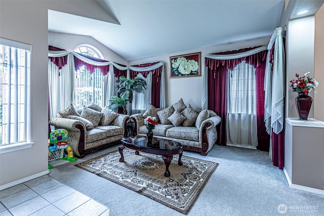 14231 SE 282nd St, Kent, WA 98042 - living area with lofted ceiling, baseboards, carpet, and a healthy amount of sunlight