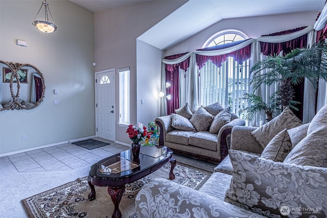 14231 SE 282nd St, Kent, WA 98042 - tiled living room with lofted ceiling, baseboards, and carpet