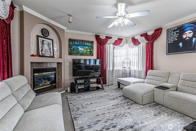 14231 SE 282nd St, Kent, WA 98042 - carpeted living area featuring ornamental molding, a ceiling fan, and a glass covered fireplace