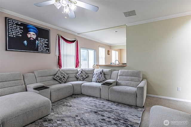 14231 SE 282nd St, Kent, WA 98042 - living room with ceiling fan, baseboards, ornamental molding, and carpet