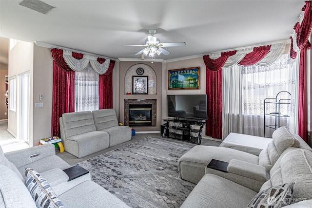 14231 SE 282nd St, Kent, WA 98042 - living room with a premium fireplace, ceiling fan, carpet flooring, and ornamental molding