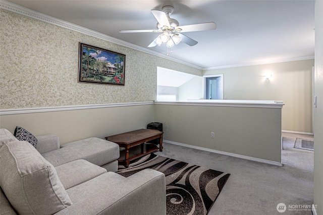 14231 SE 282nd St, Kent, WA 98042 - living room featuring a ceiling fan, carpet, and ornamental molding