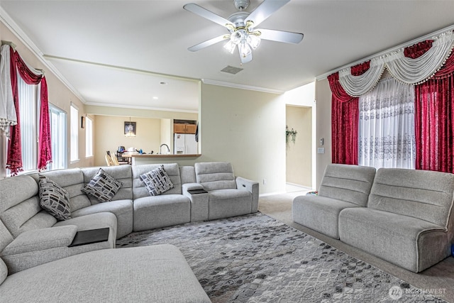 14231 SE 282nd St, Kent, WA 98042 - carpeted living area featuring visible vents, a ceiling fan, baseboards, and ornamental molding