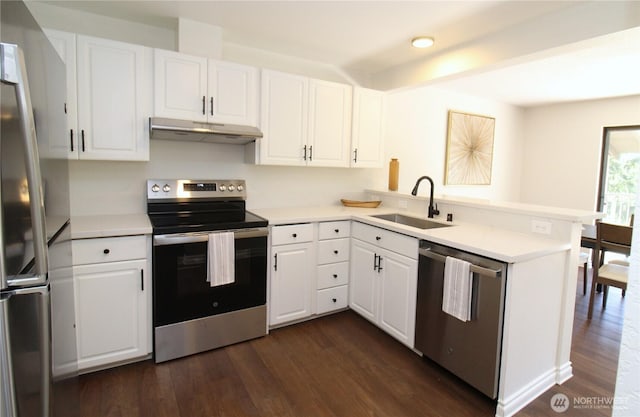 kitchen with appliances with stainless steel finishes, a sink, under cabinet range hood, a peninsula, and dark wood-type flooring