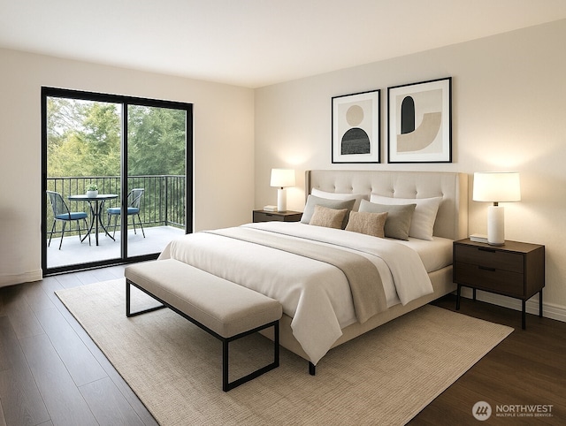 bedroom featuring access to exterior and wood finished floors