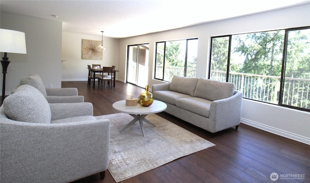 living room featuring dark wood-style floors, plenty of natural light, and baseboards