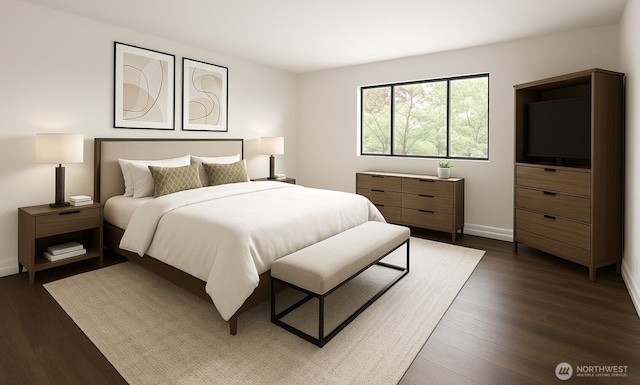bedroom with dark wood-style floors and baseboards