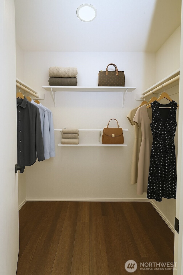 walk in closet with wood finished floors