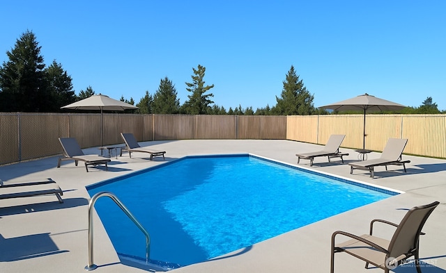 view of swimming pool with a patio and fence