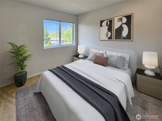 bedroom with carpet flooring and baseboards