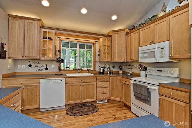 25012 67th Ave E, Graham, WA 98338 - kitchen featuring a sink, white appliances, glass insert cabinets, light wood-type flooring, and recessed lighting