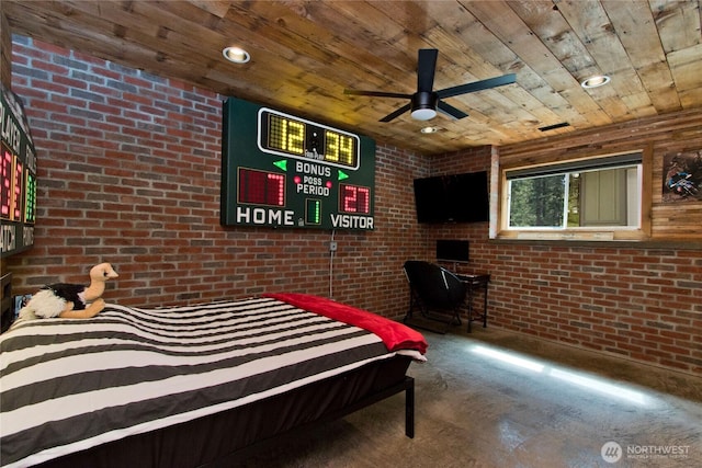 25012 67th Ave E, Graham, WA 98338 - bedroom featuring brick wall, wooden ceiling, and concrete flooring