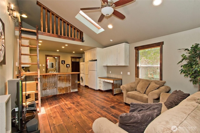 25012 67th Ave E, Graham, WA 98338 - living area featuring stacked washer and clothes dryer, recessed lighting, a ceiling fan, a skylight, and dark wood-style flooring