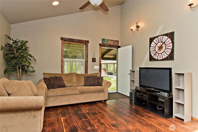 25012 67th Ave E, Graham, WA 98338 - living room featuring hardwood / wood-style floors, a ceiling fan, high vaulted ceiling, and recessed lighting