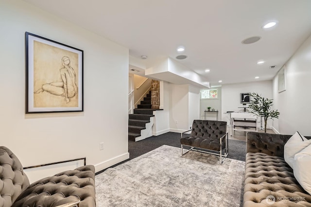 living room featuring stairway, baseboards, recessed lighting, and carpet floors