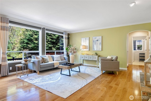 living room with arched walkways, light wood-style flooring, and a healthy amount of sunlight