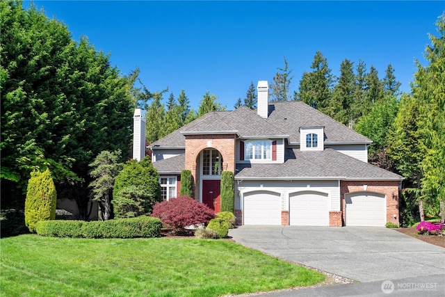 traditional-style house with brick siding, a garage, a front lawn, and aphalt driveway