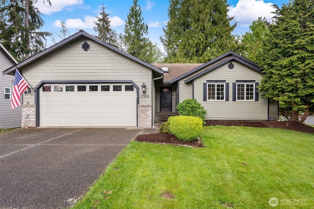 single story home with driveway, a garage, a front lawn, and a shingled roof